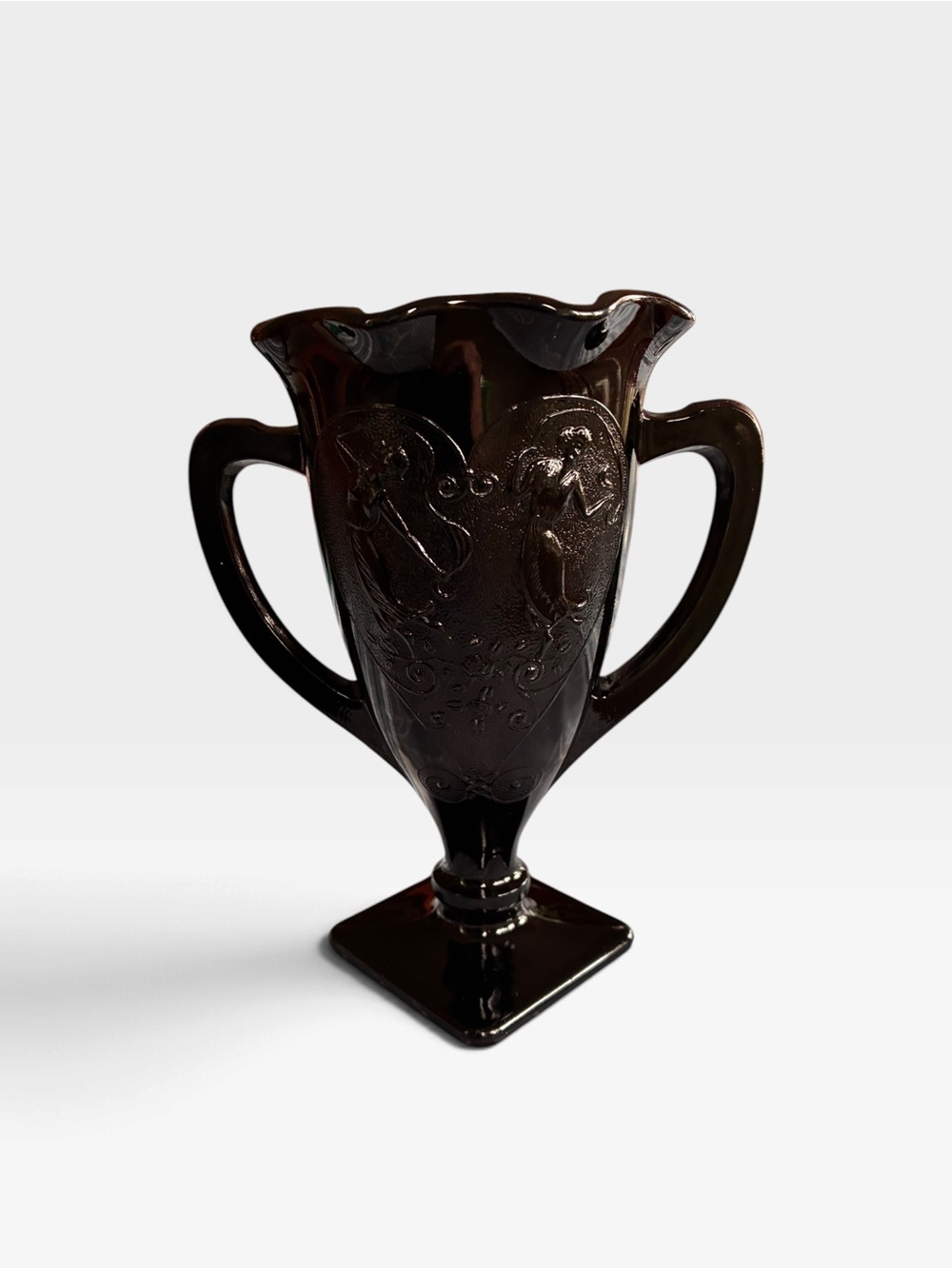 1930s LE Smith Black Amethyst glass with Embossed Dancing Nymph Design Vase